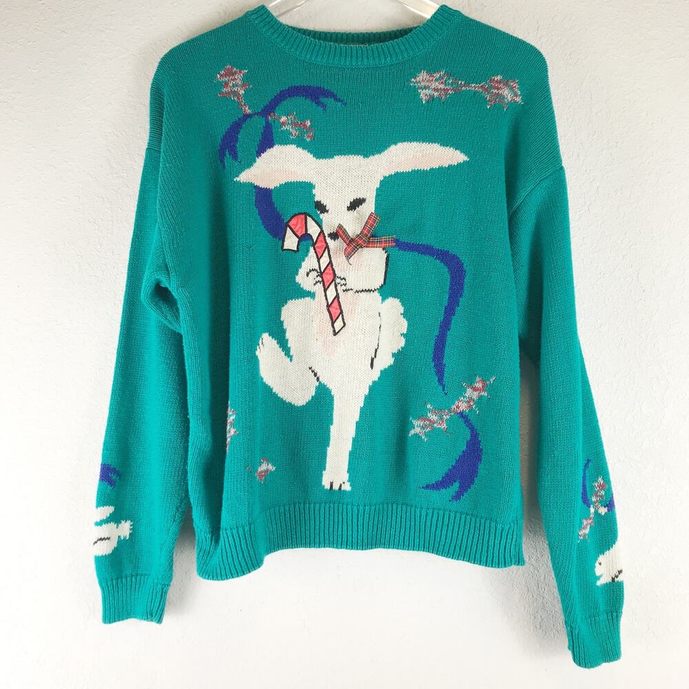 Vintage Snow Bunny Christmas Candy Cane Chunky Knit Holiday Sweater Hong Kong L